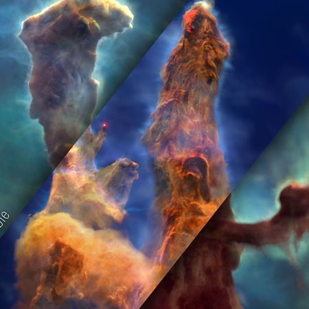 A mosaic of JWST and Hubble data of the "Pillars of Creation" visualization. 