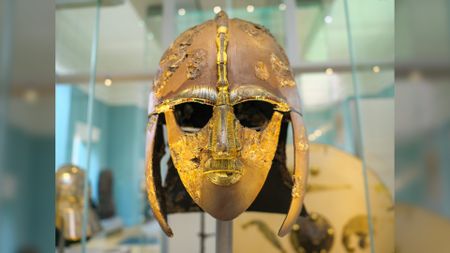 The Sutton Hoo helmet from Angle-Saxon ship burial in AD 600 in The British Museum.